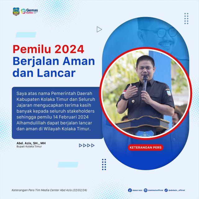 Terimakasih kepada seluruh masyarakat Kabupaten Kolaka Timur, telah menjaga Pemilu 2024 berjalan Alaman dan lancar di Kolaka Timur