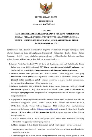 HASIL SELEKSI ADMINISTRASI PELAMAR PEGAWAI PEMERINTAH DENGAN PERJANJIANKERJA PPPK UNTUK JABATAN FUNGSIONAL TAHUN 2022