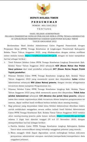 PENGUMUMAN HASIL SELEKSI ADMINISTRASI PEGAWAI PEMERINTAH DENGAN PERJANJIAN KERJA PPPK TENAGA KESEHATAN  DI LINGKUNGAN PEMERINTAH DAERAH KABUPATEN KOLAKA TIMUR TAHUN ANGGARAN 2022
