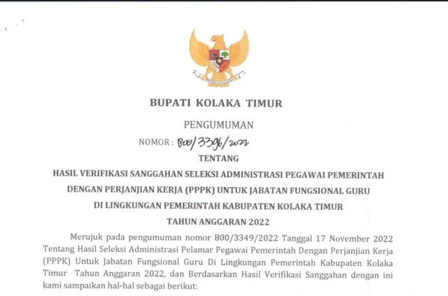 HASIL VERIFIKASI SANGGAHAN SELEKSI ADMINISTRASI PEGAWAI PEMERINTAH DENGAN PERJANJIAN KERJA PPPK  UNTUK JABATAN FUNGSIONAL GURU