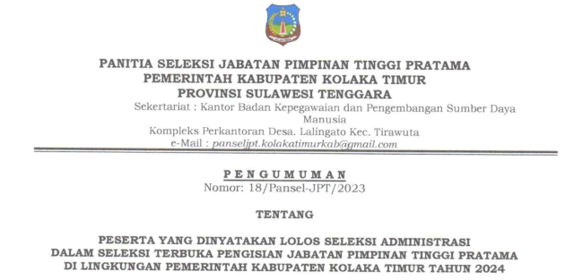 PENGUMUMAN PESERTA LOLOS BERKAS SELEKSI ADMINISTRASI JPT PEMDA KOLTIM 2024